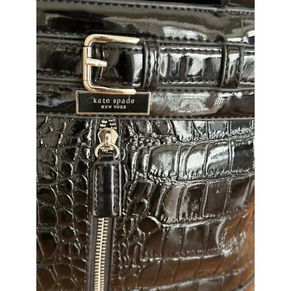 Kate Spade New York Black Croc-Embossed Patent Leather Tote Handbag 10x8x4